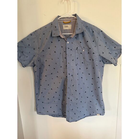 Free Planet Tropical Print Blue Button Down Short Sleeve Shirt Mens Sz XL - Picture 1 of 5